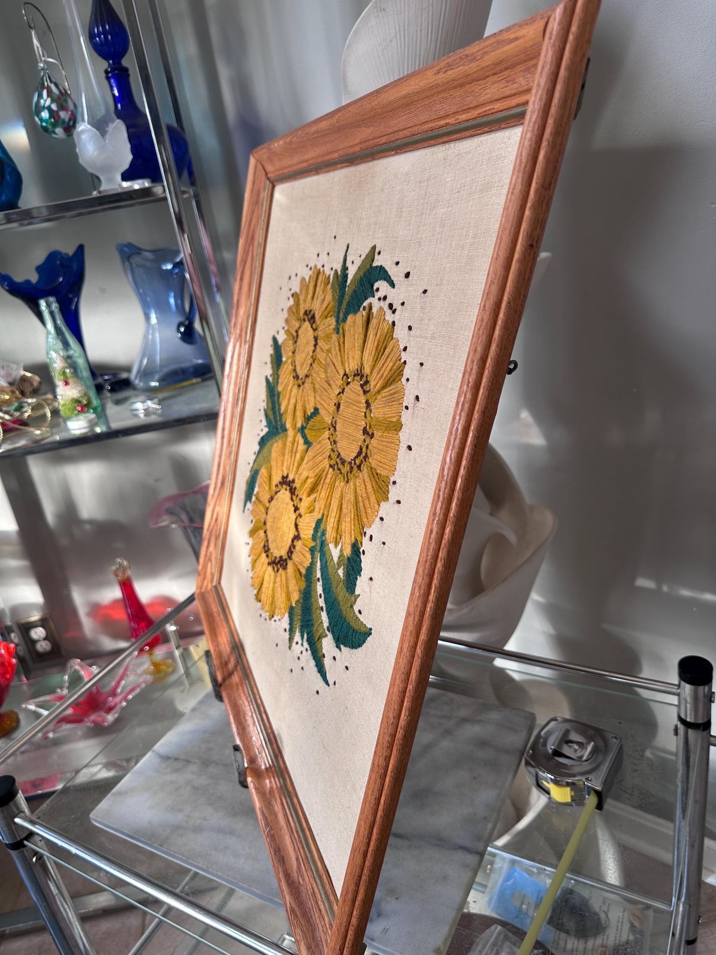Vintage 1970s Yellow Floral Framed Crewel Wall Art | Daisy Bouquet Embroidery | Flower Power Botanical | Black Eyed Susan & Sunflower | 23.5