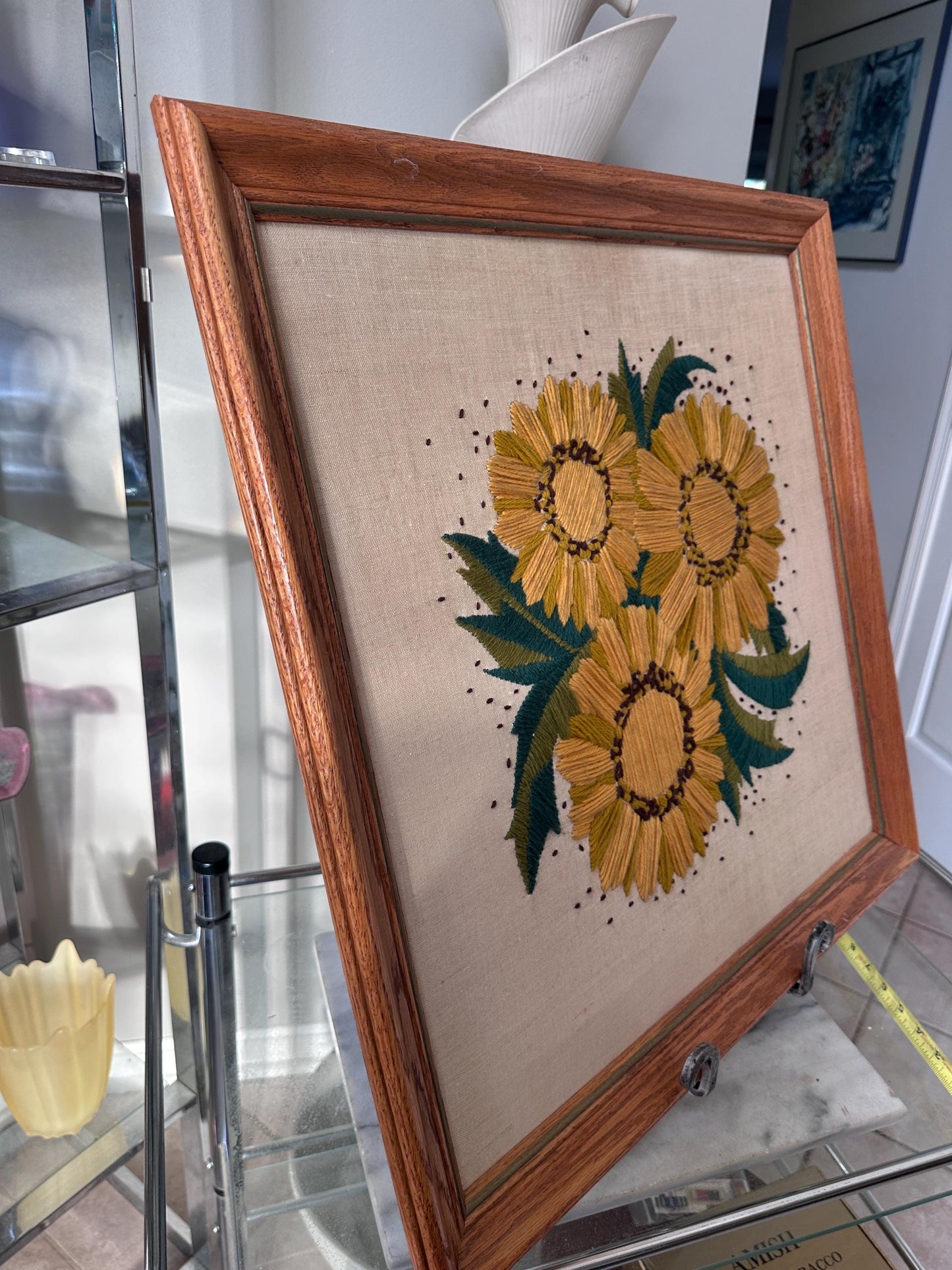 Vintage 1970s Yellow Floral Framed Crewel Wall Art | Daisy Bouquet Embroidery | Flower Power Botanical | Black Eyed Susan & Sunflower | 23.5