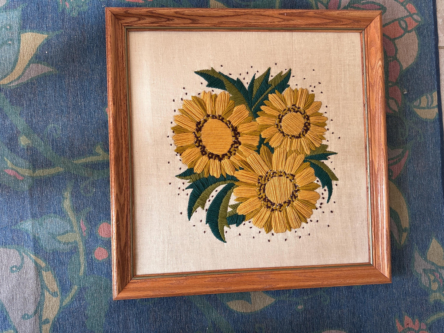 Vintage 1970s Yellow Floral Framed Crewel Wall Art | Daisy Bouquet Embroidery | Flower Power Botanical | Black Eyed Susan & Sunflower | 23.5