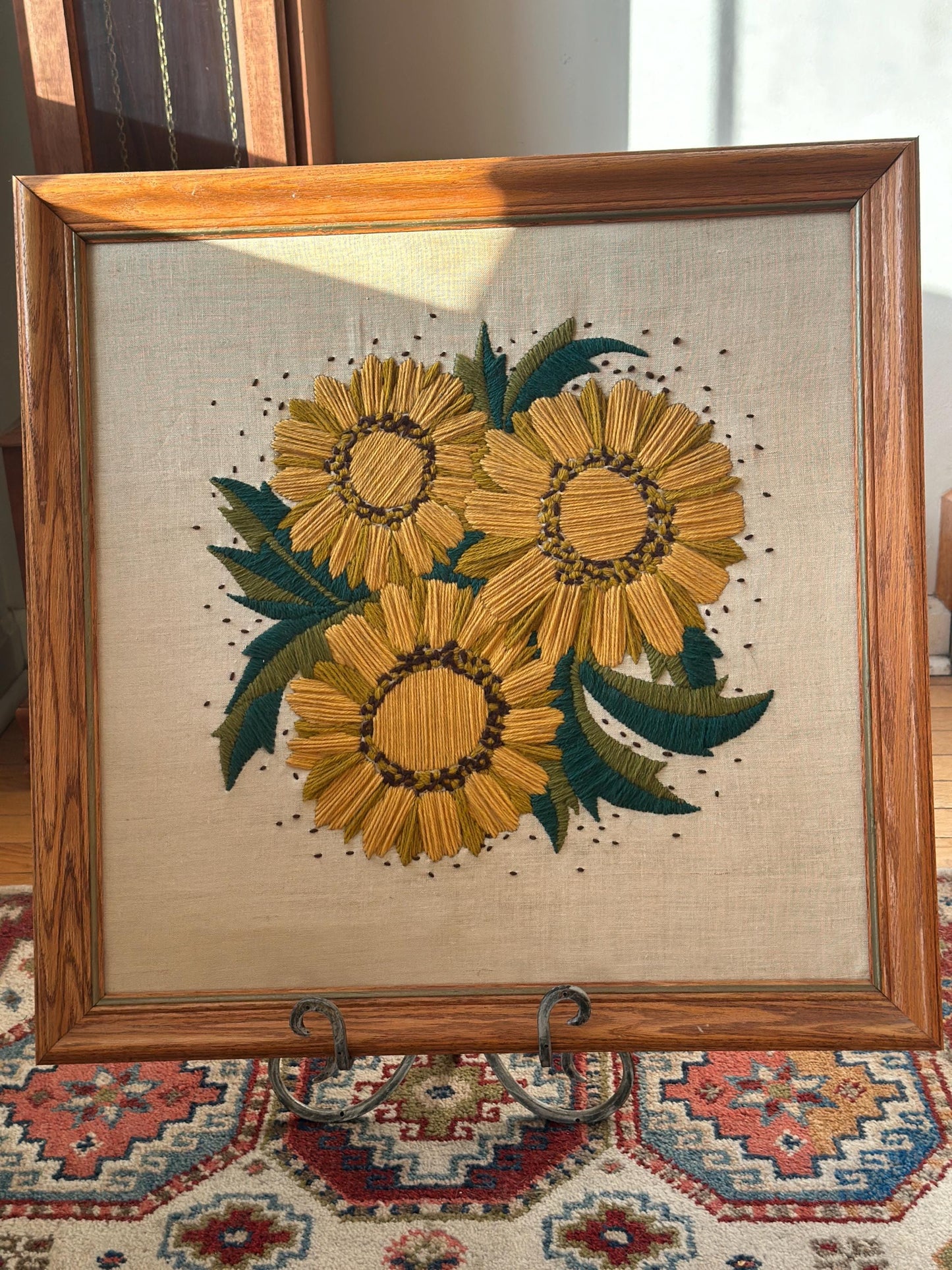 Vintage 1970s Yellow Floral Framed Crewel Wall Art | Daisy Bouquet Embroidery | Flower Power Botanical | Black Eyed Susan & Sunflower | 23.5