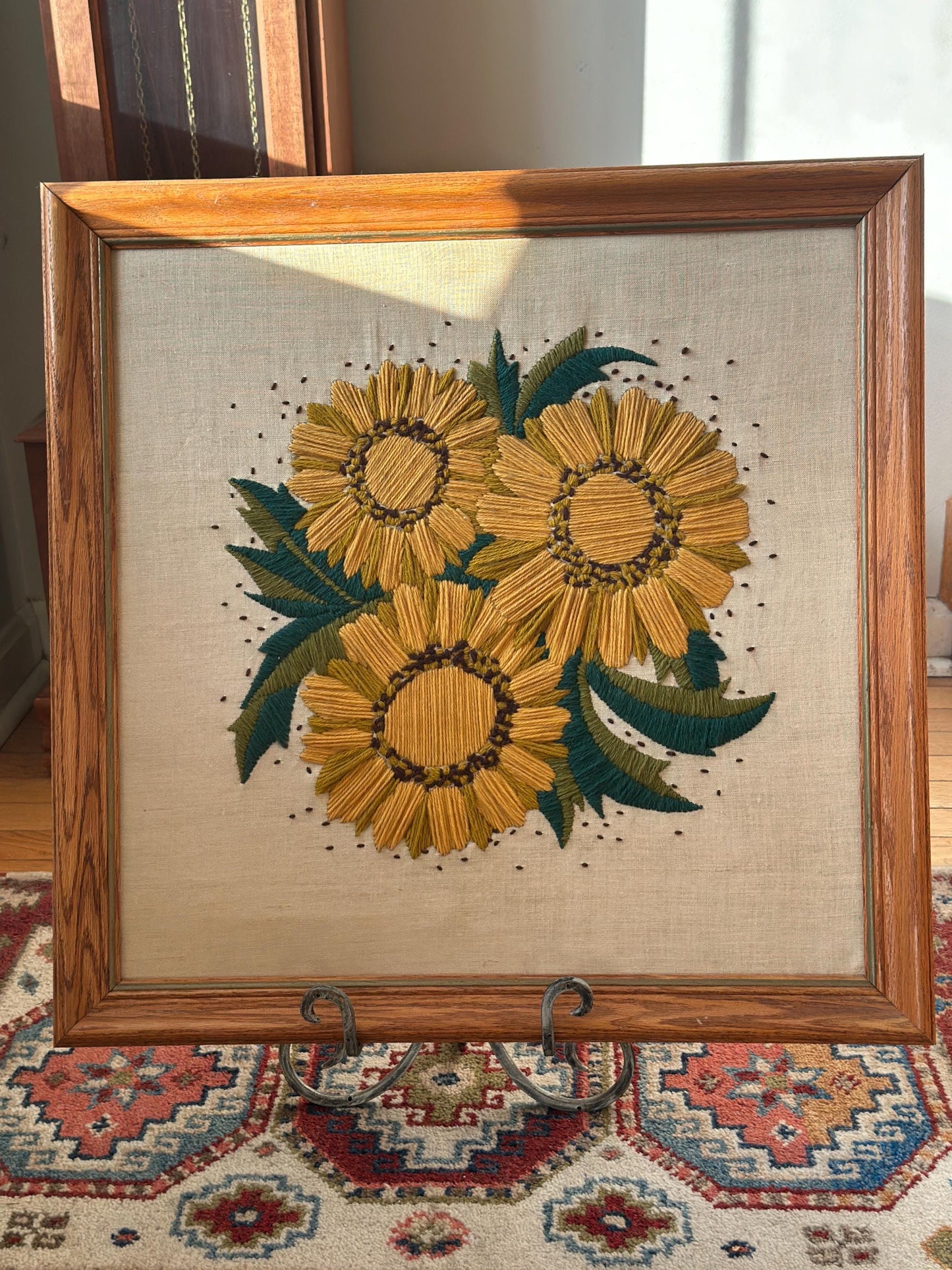 Vintage 1970s Yellow Floral Framed Crewel Wall Art | Daisy Bouquet Embroidery | Flower Power Botanical | Black Eyed Susan & Sunflower | 23.5