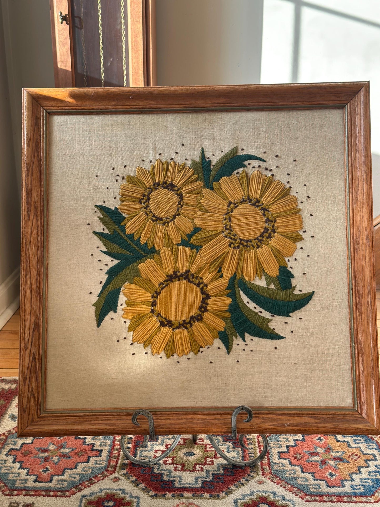 Vintage 1970s Yellow Floral Framed Crewel Wall Art | Daisy Bouquet Embroidery | Flower Power Botanical | Black Eyed Susan & Sunflower | 23.5