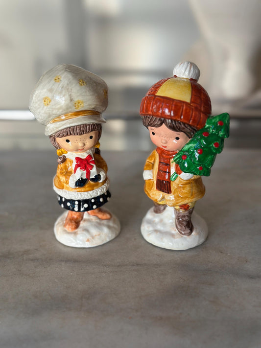Vintage American Greetings Boy & Girl Christmas Figurines Set (2) | MCMLXXI 1971 Made in Japan | Retro Holiday Decor