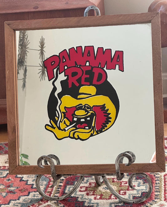 Vintage Panama Red Framed Mirror – Retro Counterculture Headshop Art – 13” x 13” Wooden Frame, Boho Groovy Decor, Man Cave Decor