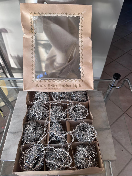 Vintage Genuine Italian Miniature Lights with Silver Tinsel Garland & 12 Tinsel Balls – Original Box – Rare Mid-Century Christmas Decor