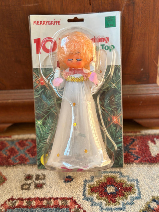 Vintage Merry Brite 10-Light Flashing Angel Tree Topper | 8” Rubber Face Angel | NOS in Original Packaging | Mid-Century Christmas Decor