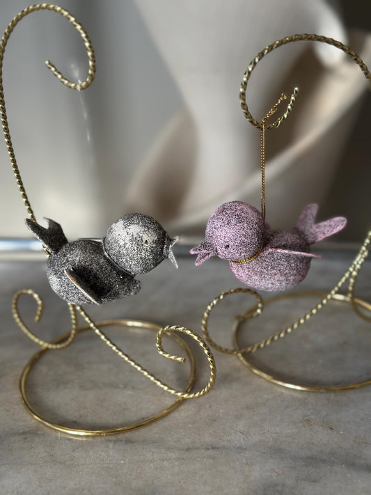 Vintage Putz Bird Ornaments | Pink & Gray Glitter Birds | Mica Sparkle Christmas Decor | Kitschy Holiday Collectibles