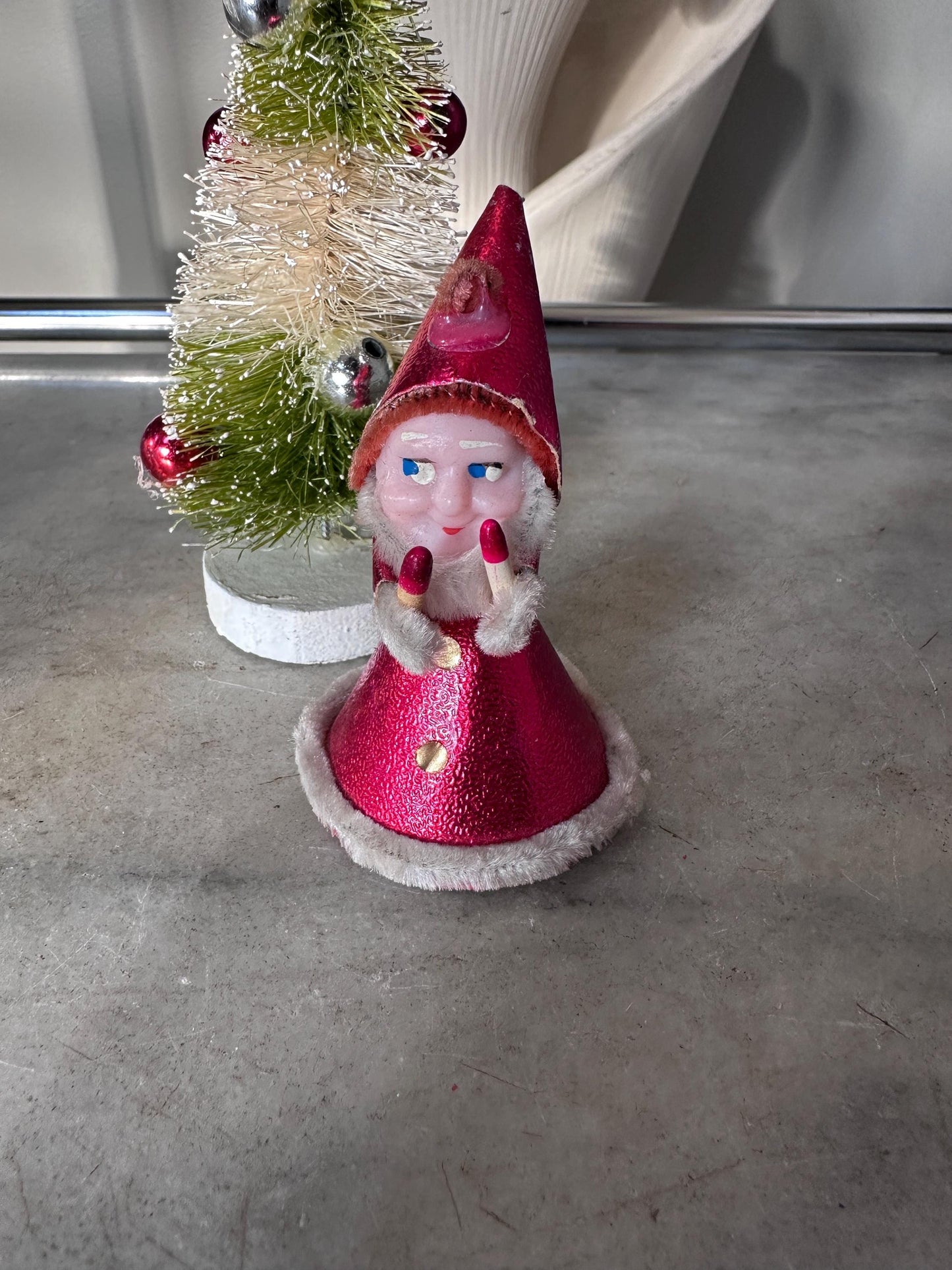 Vintage 1940s–1950s Pixie Elf Gnome Ornament with Candles | Made in Japan | Retro Christmas Kitsch Collectible | 3” x 2”
