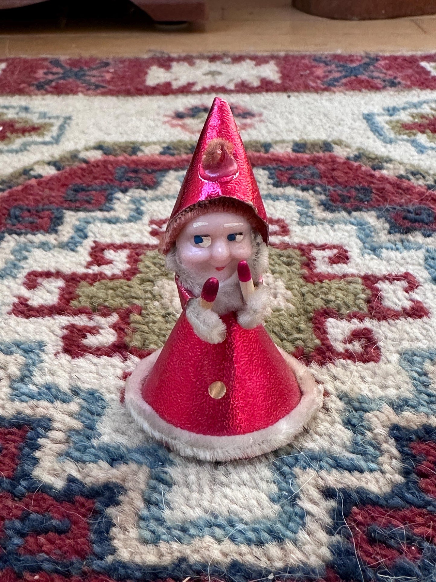 Vintage 1940s–1950s Pixie Elf Gnome Ornament with Candles | Made in Japan | Retro Christmas Kitsch Collectible | 3” x 2”