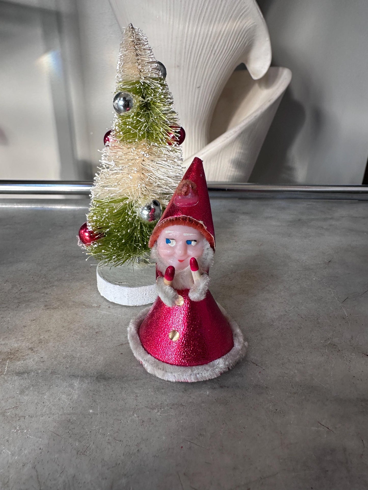 Vintage 1940s–1950s Pixie Elf Gnome Ornament with Candles | Made in Japan | Retro Christmas Kitsch Collectible | 3” x 2”