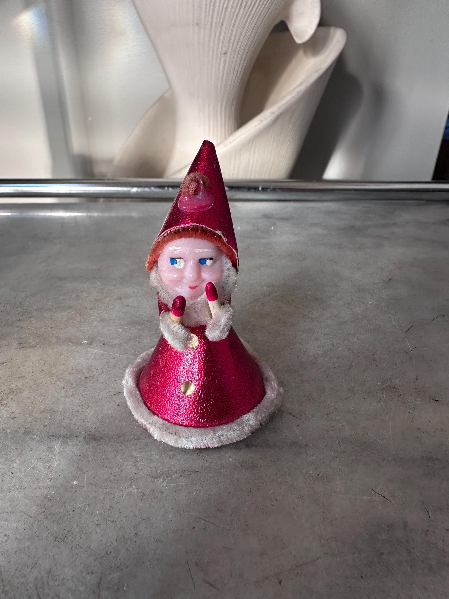 Vintage 1940s–1950s Pixie Elf Gnome Ornament with Candles | Made in Japan | Retro Christmas Kitsch Collectible | 3” x 2”