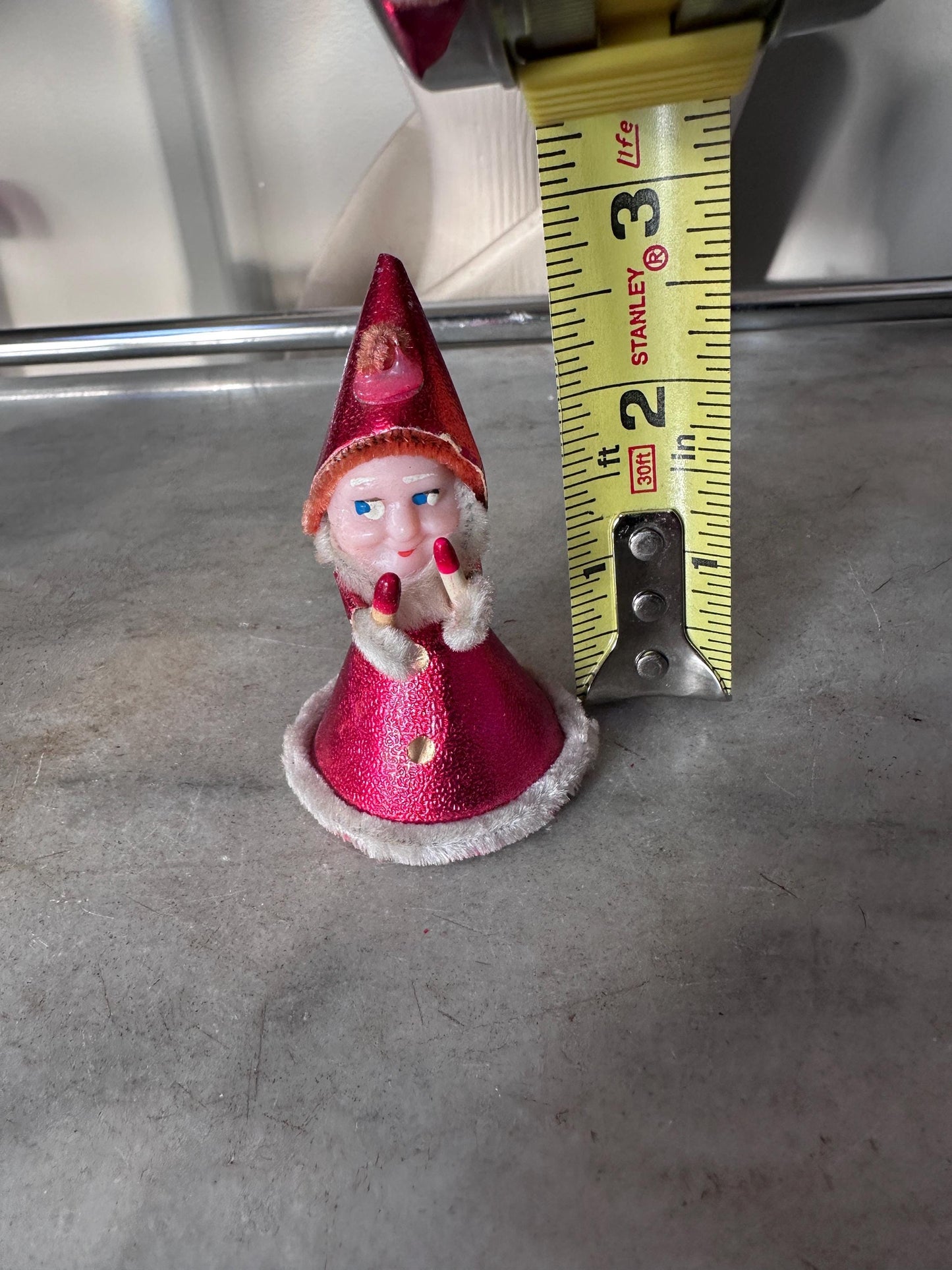 Vintage 1940s–1950s Pixie Elf Gnome Ornament with Candles | Made in Japan | Retro Christmas Kitsch Collectible | 3” x 2”