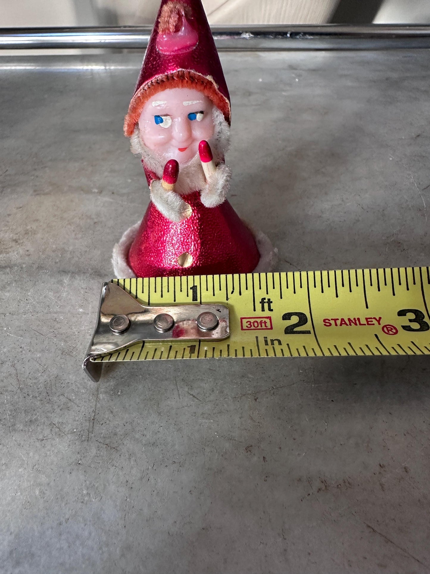Vintage 1940s–1950s Pixie Elf Gnome Ornament with Candles | Made in Japan | Retro Christmas Kitsch Collectible | 3” x 2”