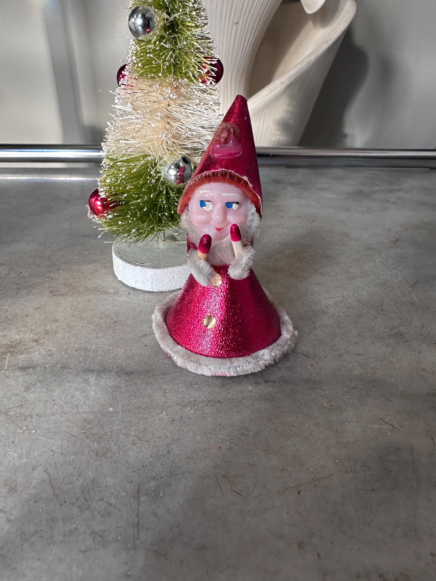 Vintage 1940s–1950s Pixie Elf Gnome Ornament with Candles | Made in Japan | Retro Christmas Kitsch Collectible | 3” x 2”