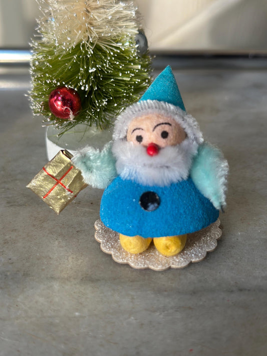 Vintage Christmas Elf Gnome Holding Present | Putz Mica & Chenille Ornament | Blue + White Holiday Decor | 2” x 1.75”