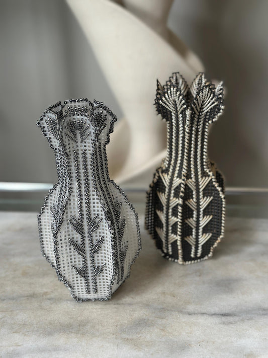 Vintage Handmade Needlepoint Flower Vases – Set of 2 – 1970s Plastic Canvas Beaded Vases – Black & White Folk Art Decor – 8” Tall