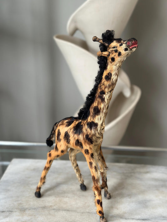 Vintage MCM Real Fur & Leather Covered Giraffe Figurine | Mid-Century Modern Safari Decor | Large 13.5” Tall Animal Figure