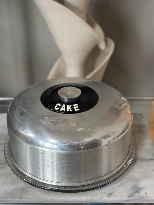 Vintage 1950s Kromex Cake Cover Saver with Original Glass Plate | Mid-Century Aluminum Cake Carrier | Retro Kitchen & Entertaining Decor