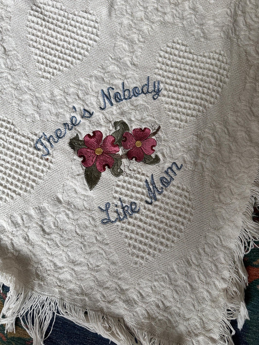 Embroidered Cotton Throw Blanket – “There’s Nobody Like Mom” Heart Design, Fringe Edges, 64” x 32”