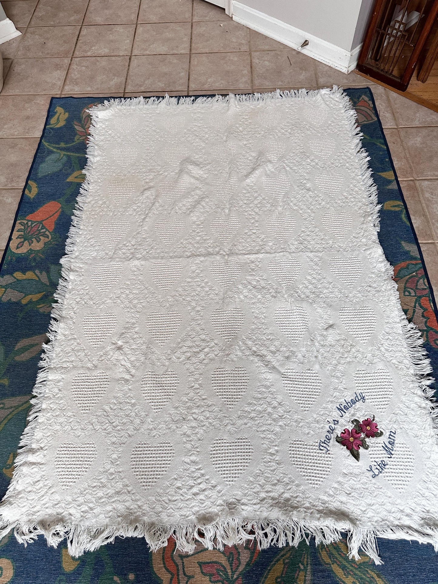 Embroidered Cotton Throw Blanket – “There’s Nobody Like Mom” Heart Design, Fringe Edges, 64” x 32”