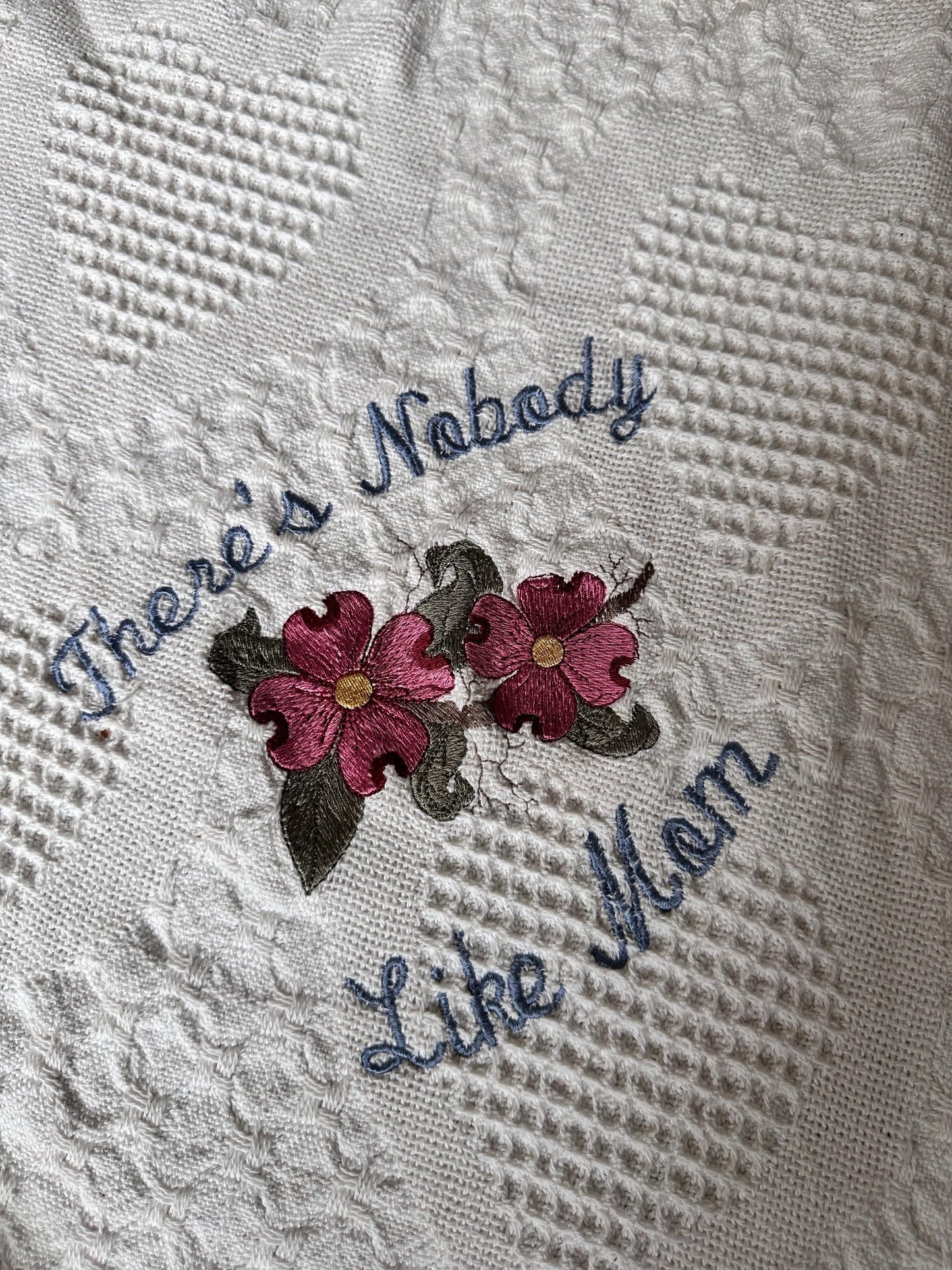 Embroidered Cotton Throw Blanket – “There’s Nobody Like Mom” Heart Design, Fringe Edges, 64” x 32”