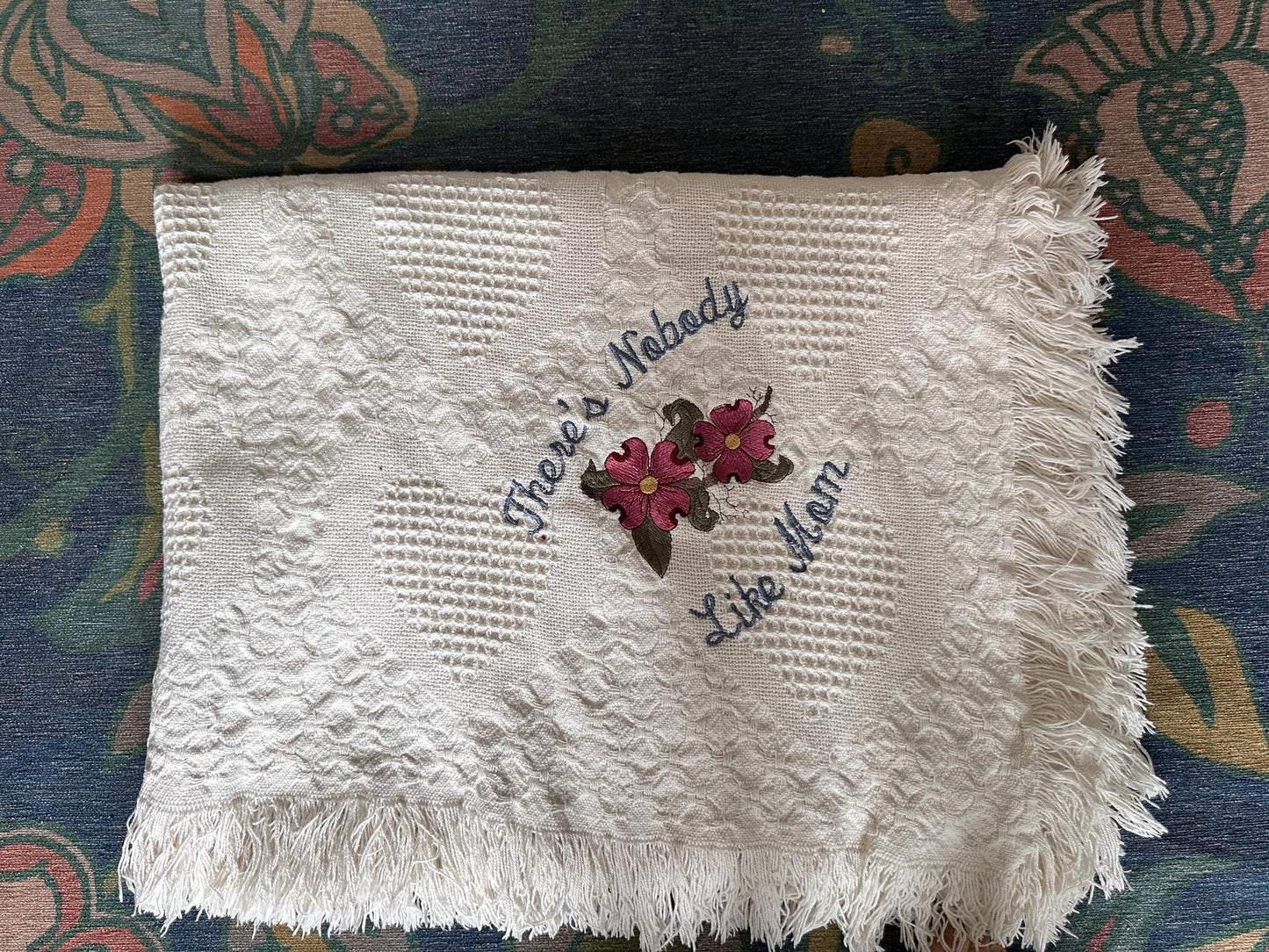 Embroidered Cotton Throw Blanket – “There’s Nobody Like Mom” Heart Design, Fringe Edges, 64” x 32”