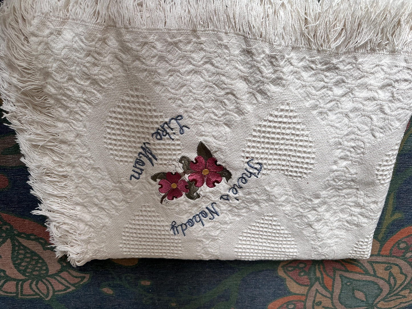 Embroidered Cotton Throw Blanket – “There’s Nobody Like Mom” Heart Design, Fringe Edges, 64” x 32”