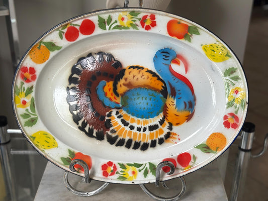 Vintage Large Enamel Metal Turkey Tray | Colorful Retro Serving Platter | Thanksgiving Decor | Kitschy Farmhouse Display Tray | 17.5 x 13.5