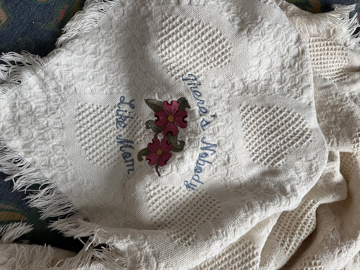 Embroidered Cotton Throw Blanket – “There’s Nobody Like Mom” Heart Design, Fringe Edges, 64” x 32”