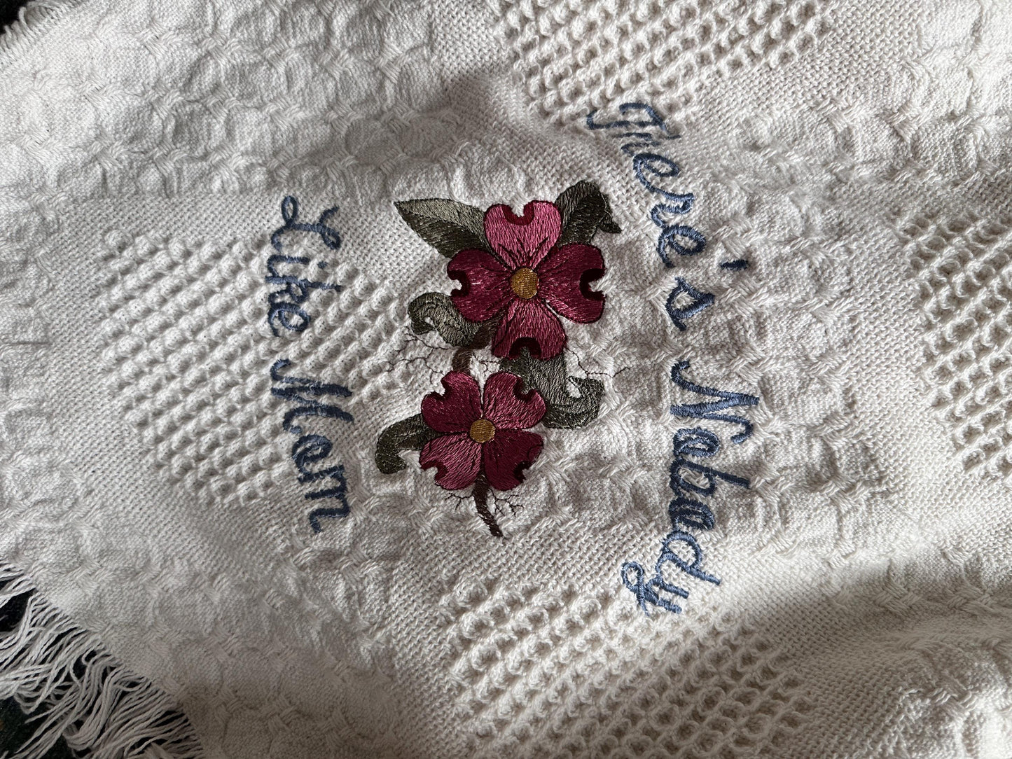 Embroidered Cotton Throw Blanket – “There’s Nobody Like Mom” Heart Design, Fringe Edges, 64” x 32”