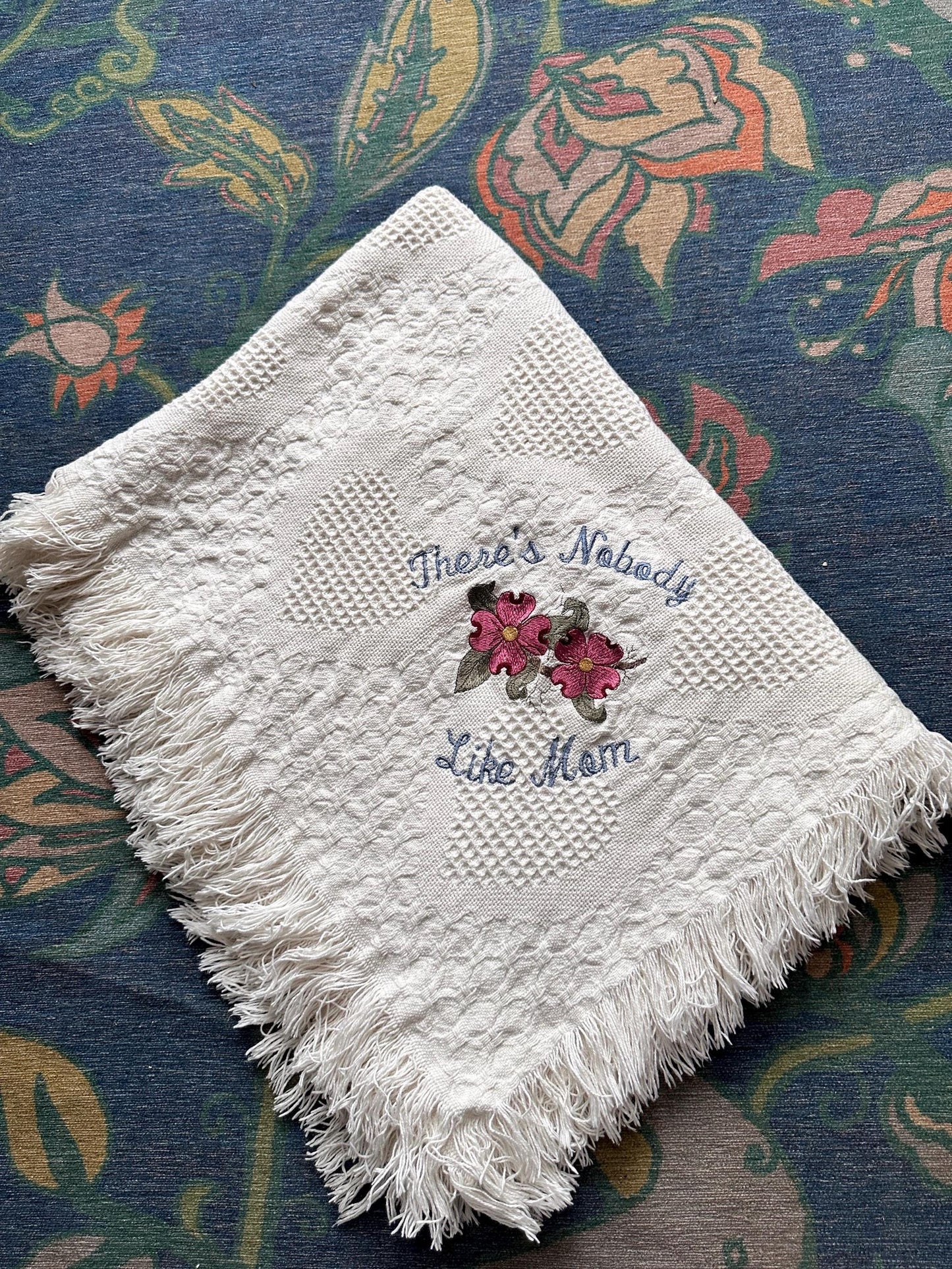 Embroidered Cotton Throw Blanket – “There’s Nobody Like Mom” Heart Design, Fringe Edges, 64” x 32”