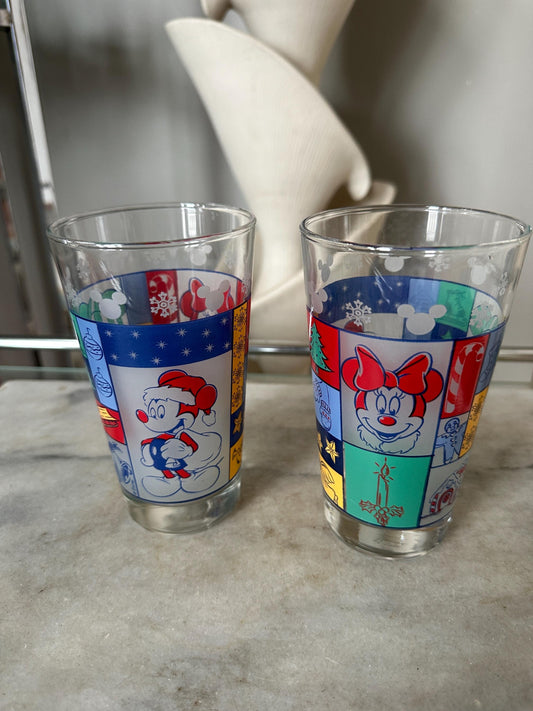 Vintage Disney Anchor Hocking Set of 2 Mickey & Minnie Mouse Christmas Pint Glasses - 1980s