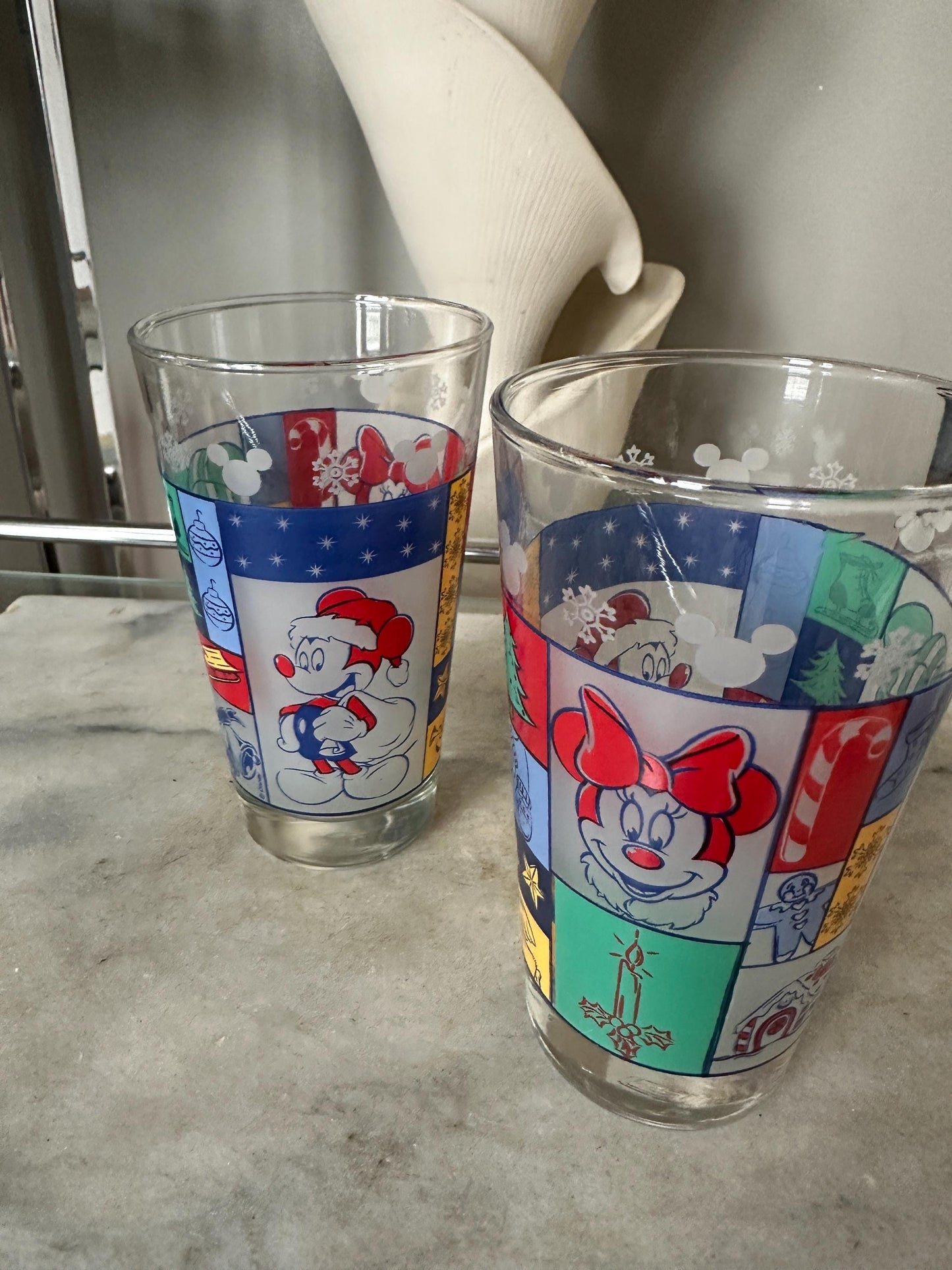 Vintage Disney Anchor Hocking Set of 2 Mickey & Minnie Mouse Christmas Pint Glasses - 1980s