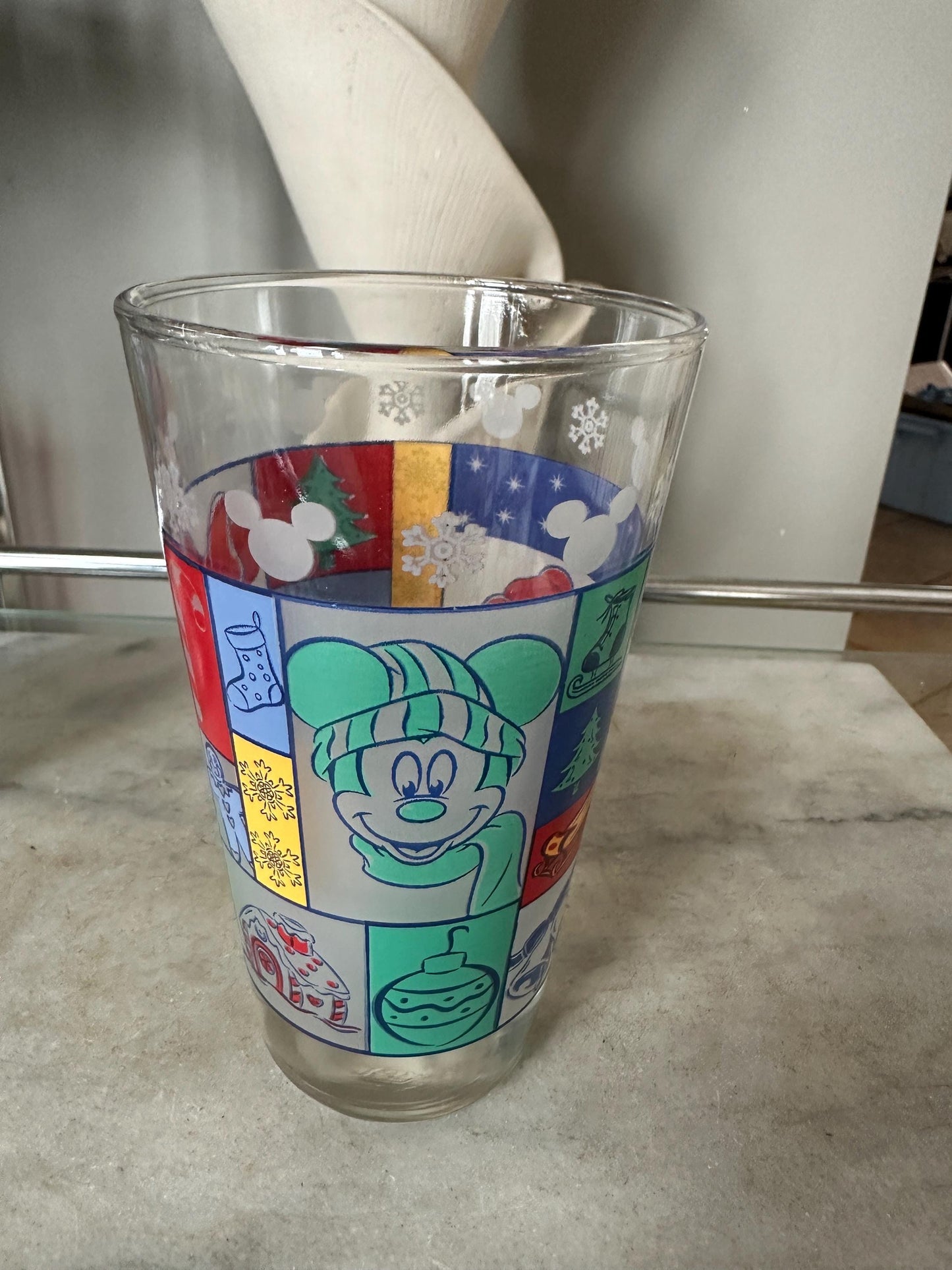 Vintage Disney Anchor Hocking Set of 2 Mickey & Minnie Mouse Christmas Pint Glasses - 1980s