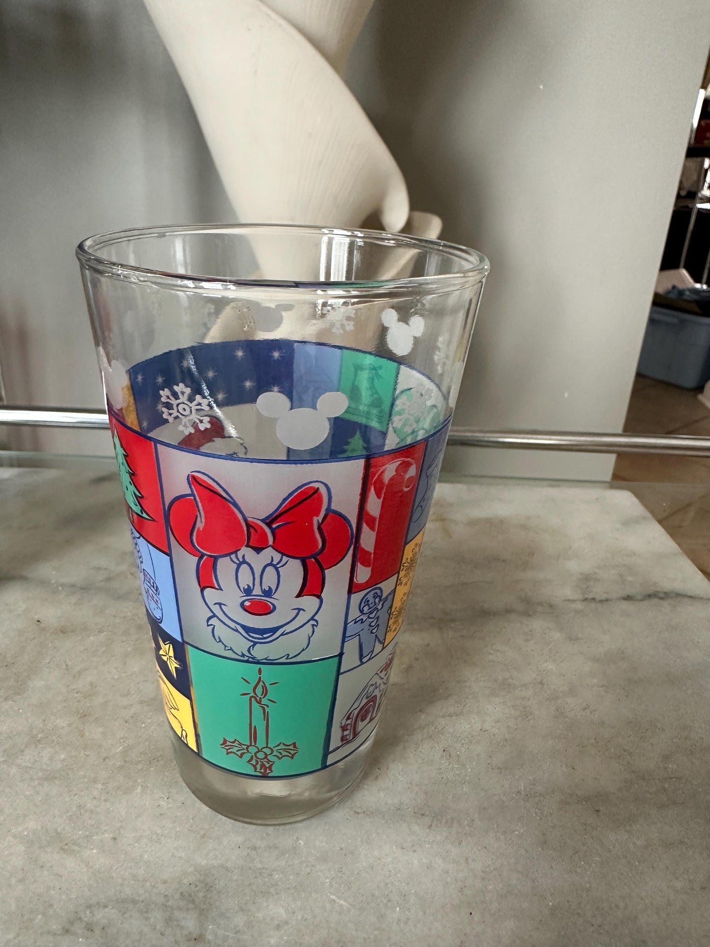 Vintage Disney Anchor Hocking Set of 2 Mickey & Minnie Mouse Christmas Pint Glasses - 1980s