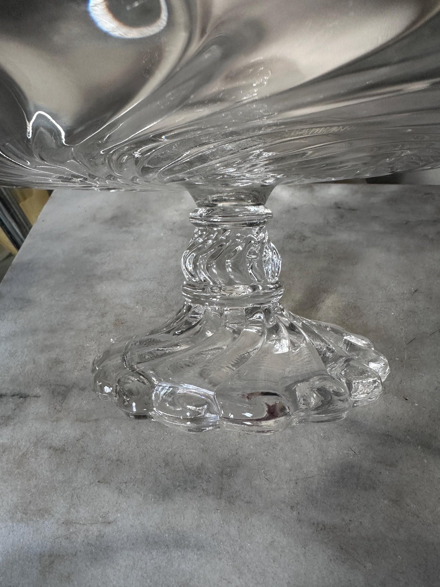 Vintage Fostoria Glass Colony Swirl Clear 12” Scalloped Pedestal Cake Stand / Cake Plate – Elegant Mid-Century Glassware