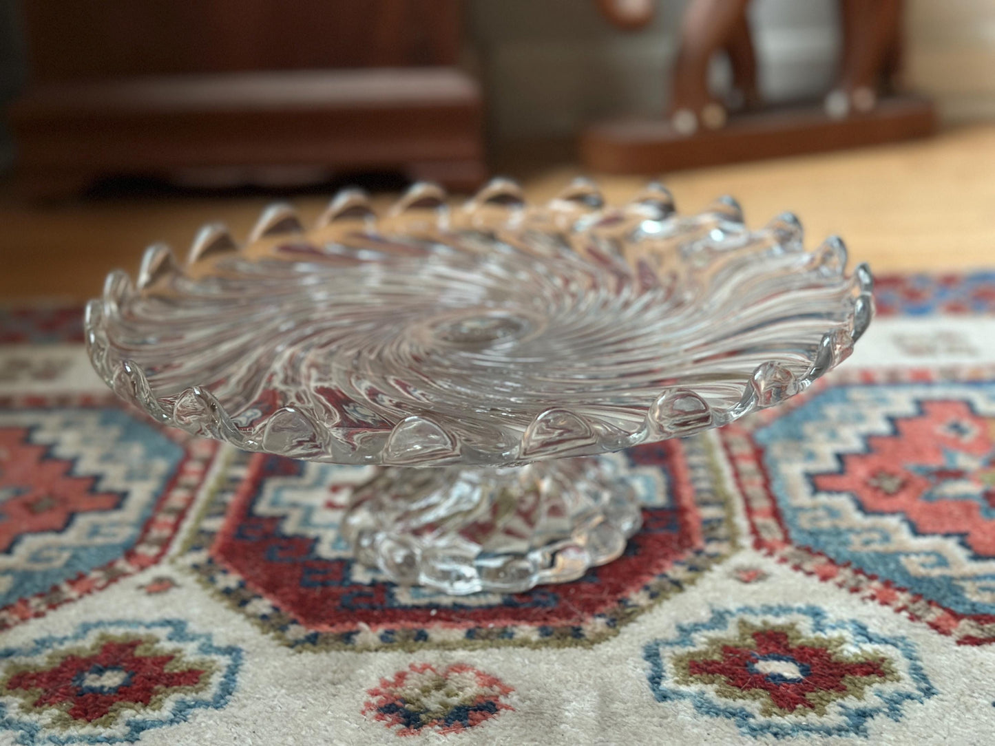 Vintage Fostoria Glass Colony Swirl Clear 12” Scalloped Pedestal Cake Stand / Cake Plate – Elegant Mid-Century Glassware