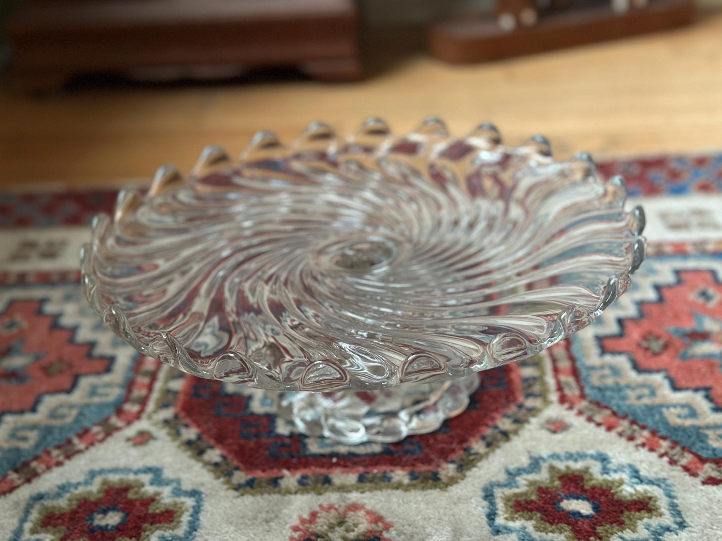 Vintage Fostoria Glass Colony Swirl Clear 12” Scalloped Pedestal Cake Stand / Cake Plate – Elegant Mid-Century Glassware