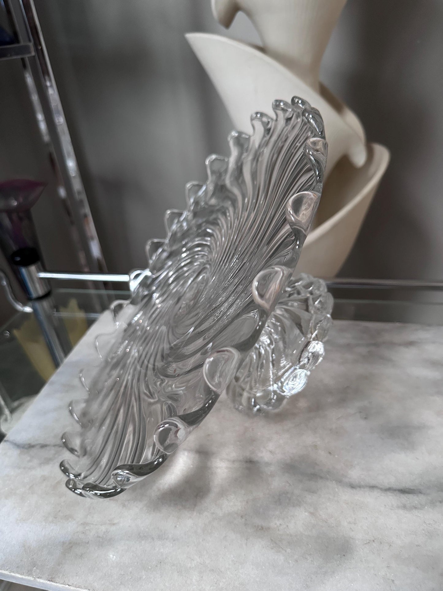 Vintage Fostoria Glass Colony Swirl Clear 12” Scalloped Pedestal Cake Stand / Cake Plate – Elegant Mid-Century Glassware