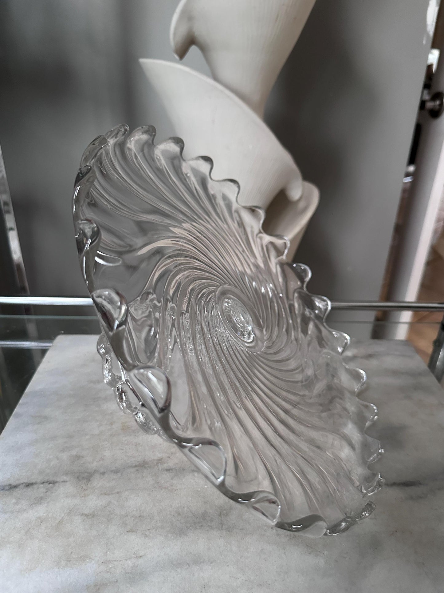 Vintage Fostoria Glass Colony Swirl Clear 12” Scalloped Pedestal Cake Stand / Cake Plate – Elegant Mid-Century Glassware