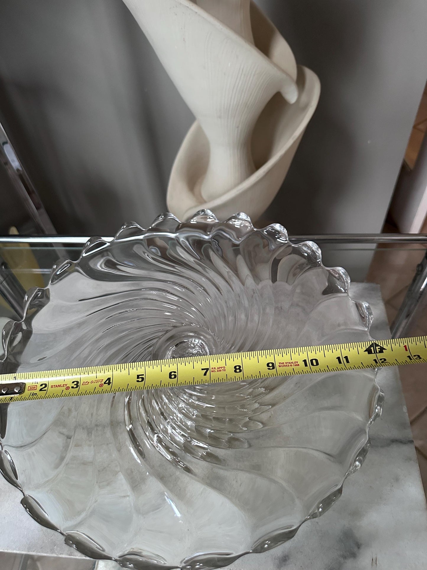 Vintage Fostoria Glass Colony Swirl Clear 12” Scalloped Pedestal Cake Stand / Cake Plate – Elegant Mid-Century Glassware