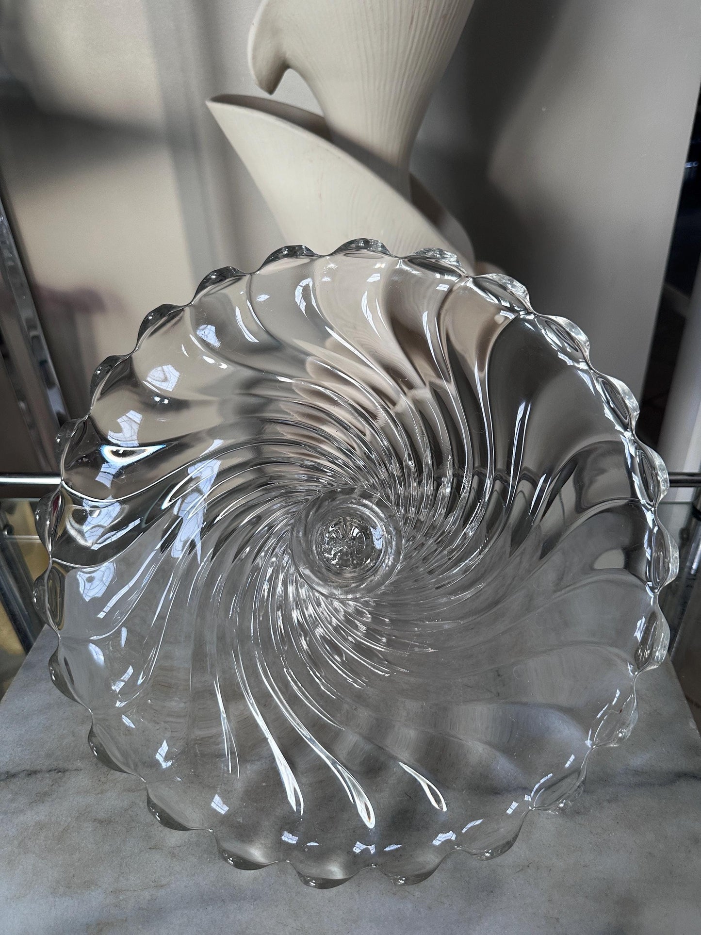 Vintage Fostoria Glass Colony Swirl Clear 12” Scalloped Pedestal Cake Stand / Cake Plate – Elegant Mid-Century Glassware