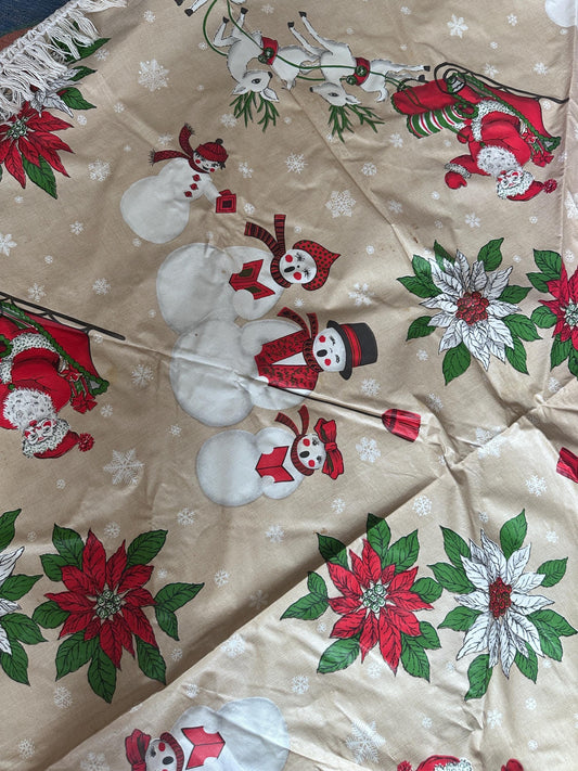 Vintage Kitschy Christmas Round Vinyl Tablecloth | Santa, Snowy Winter & Poinsettia Holiday Print | 60” with White Trim | Retro Holiday Deco