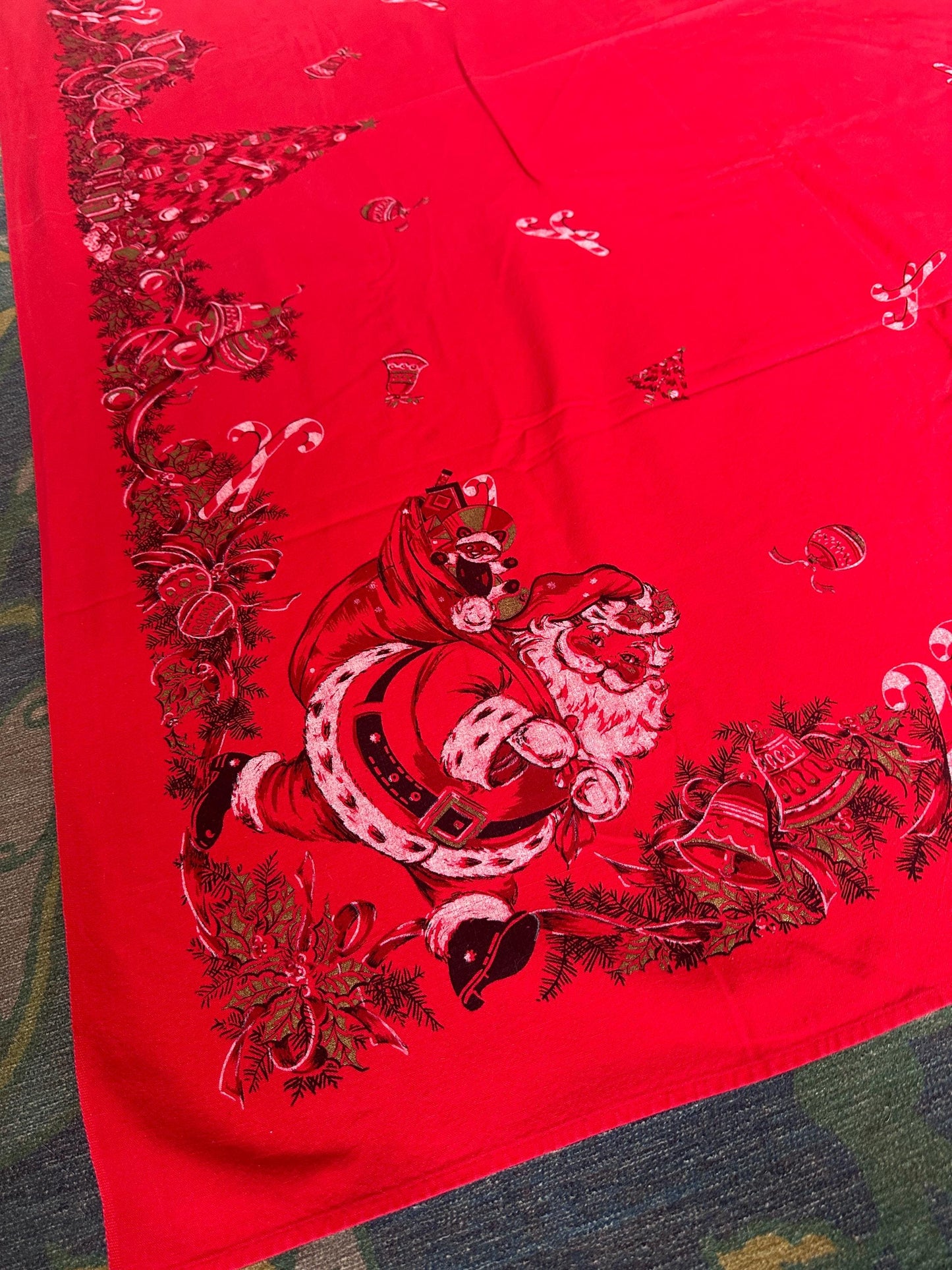 Vintage MCM Kitschy Christmas Tablecloth | Bright Red Santa, Christmas Tree & Gifts Print | 48” x 60” | Retro Holiday Table Linen