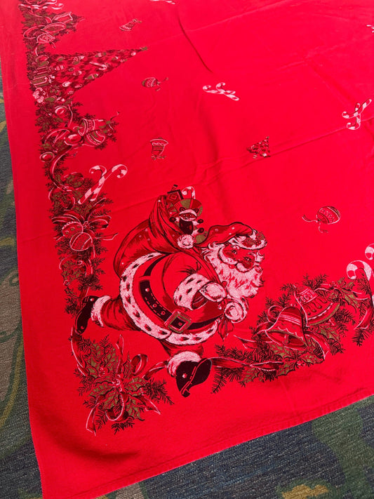 Vintage MCM Kitschy Christmas Tablecloth | Bright Red Santa, Christmas Tree & Gifts Print | 48” x 60” | Retro Holiday Table Linen