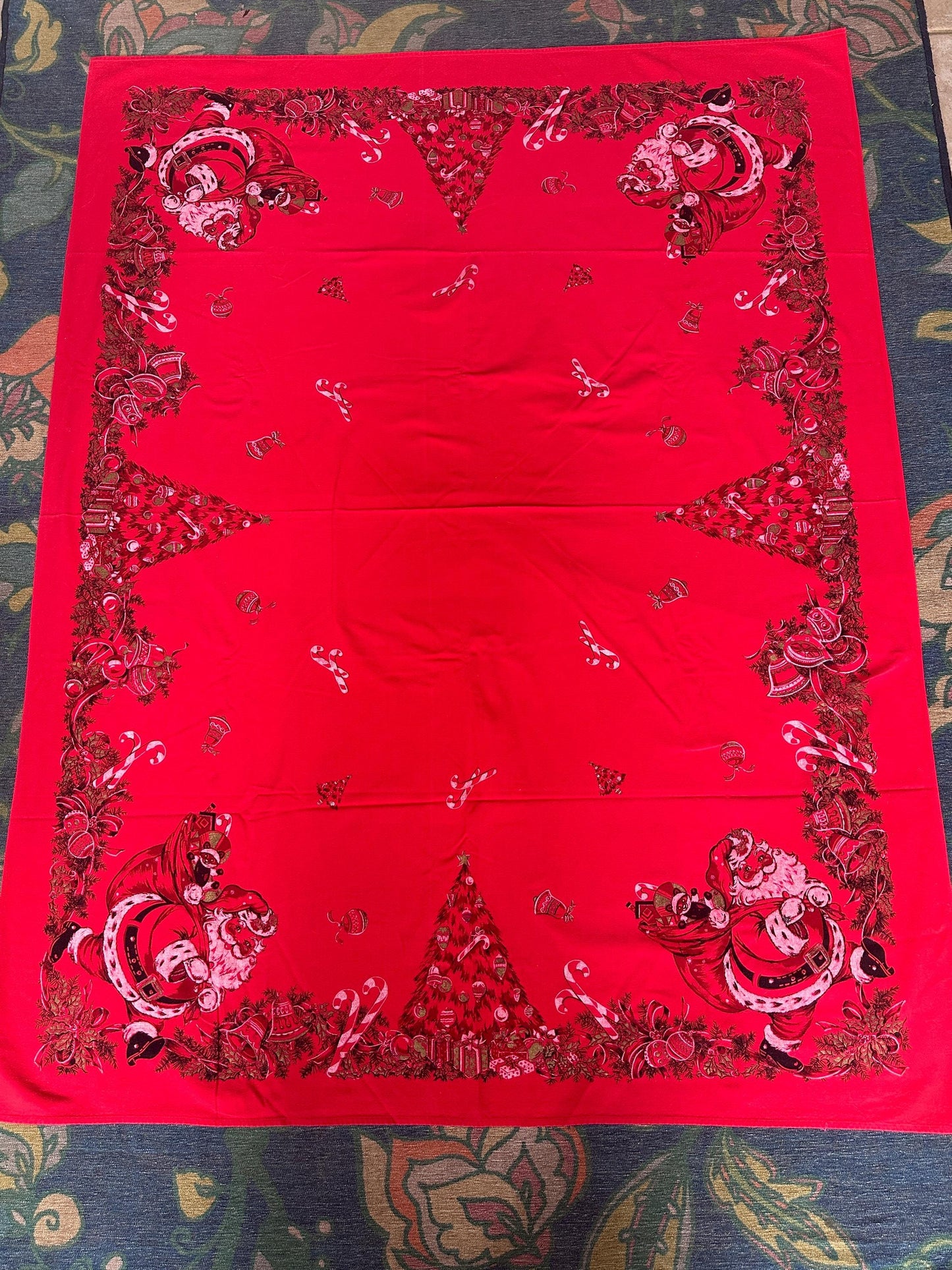 Vintage MCM Kitschy Christmas Tablecloth | Bright Red Santa, Christmas Tree & Gifts Print | 48” x 60” | Retro Holiday Table Linen