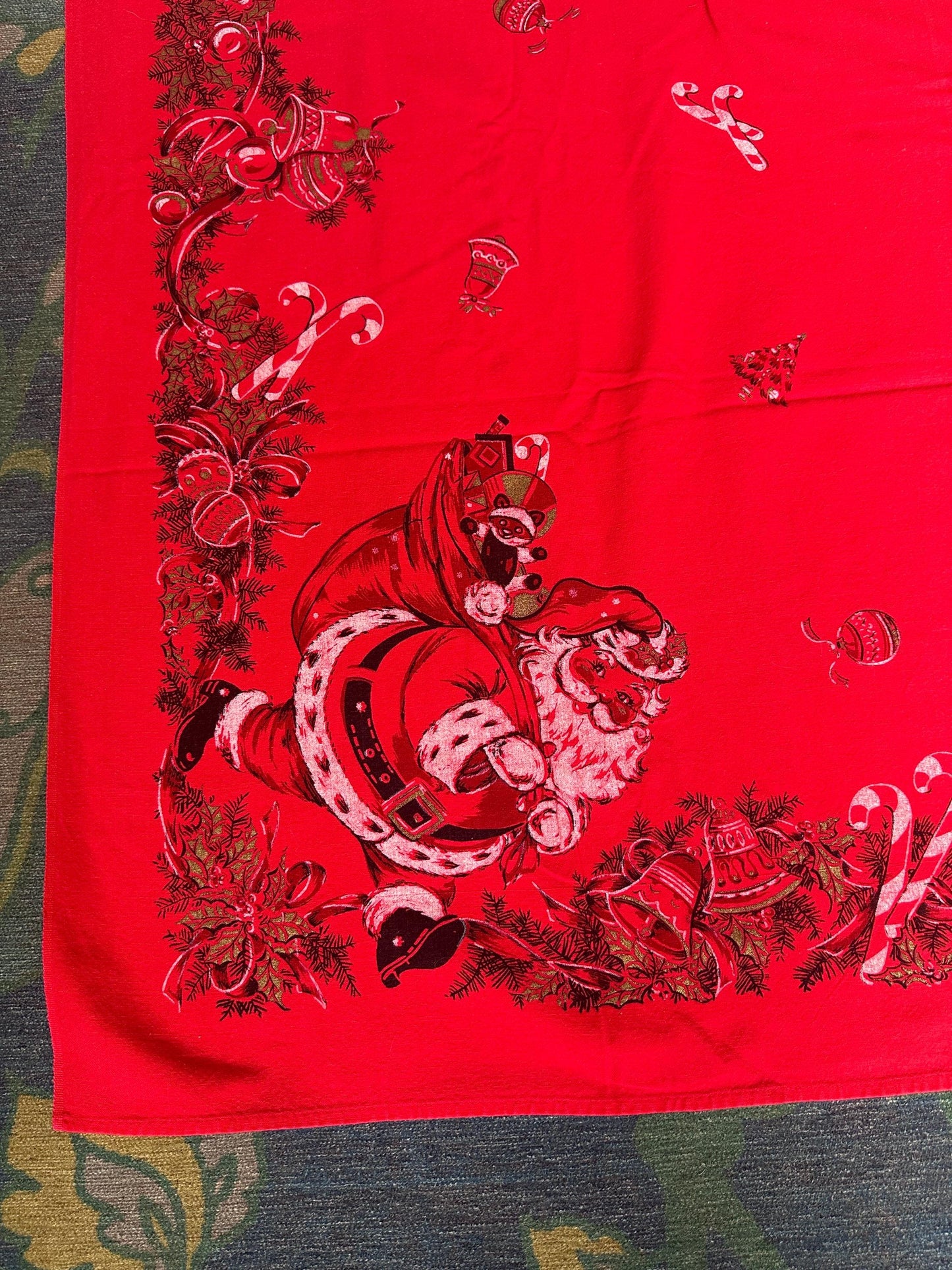 Vintage MCM Kitschy Christmas Tablecloth | Bright Red Santa, Christmas Tree & Gifts Print | 48” x 60” | Retro Holiday Table Linen