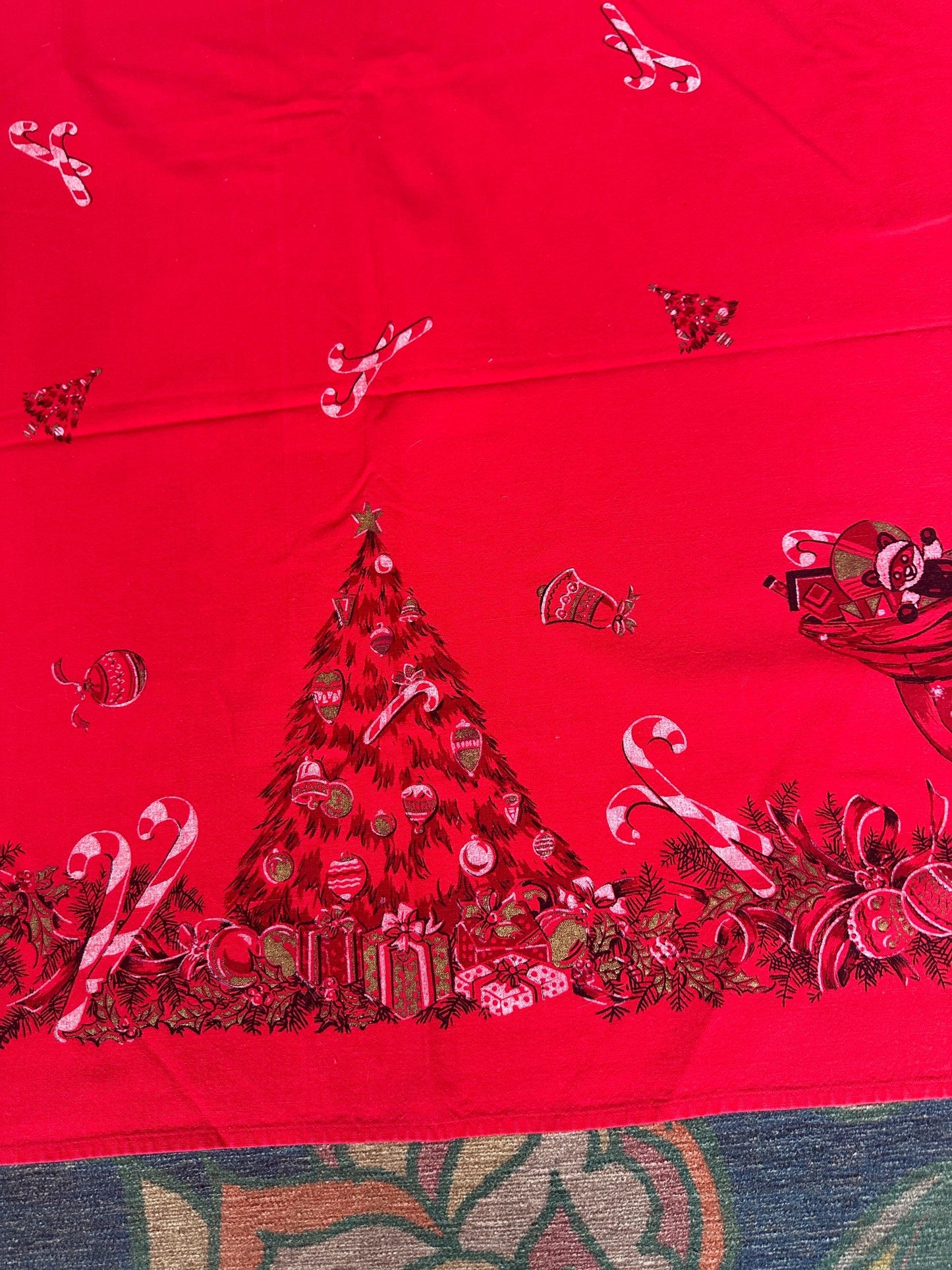 Vintage MCM Kitschy Christmas Tablecloth | Bright Red Santa, Christmas Tree & Gifts Print | 48” x 60” | Retro Holiday Table Linen