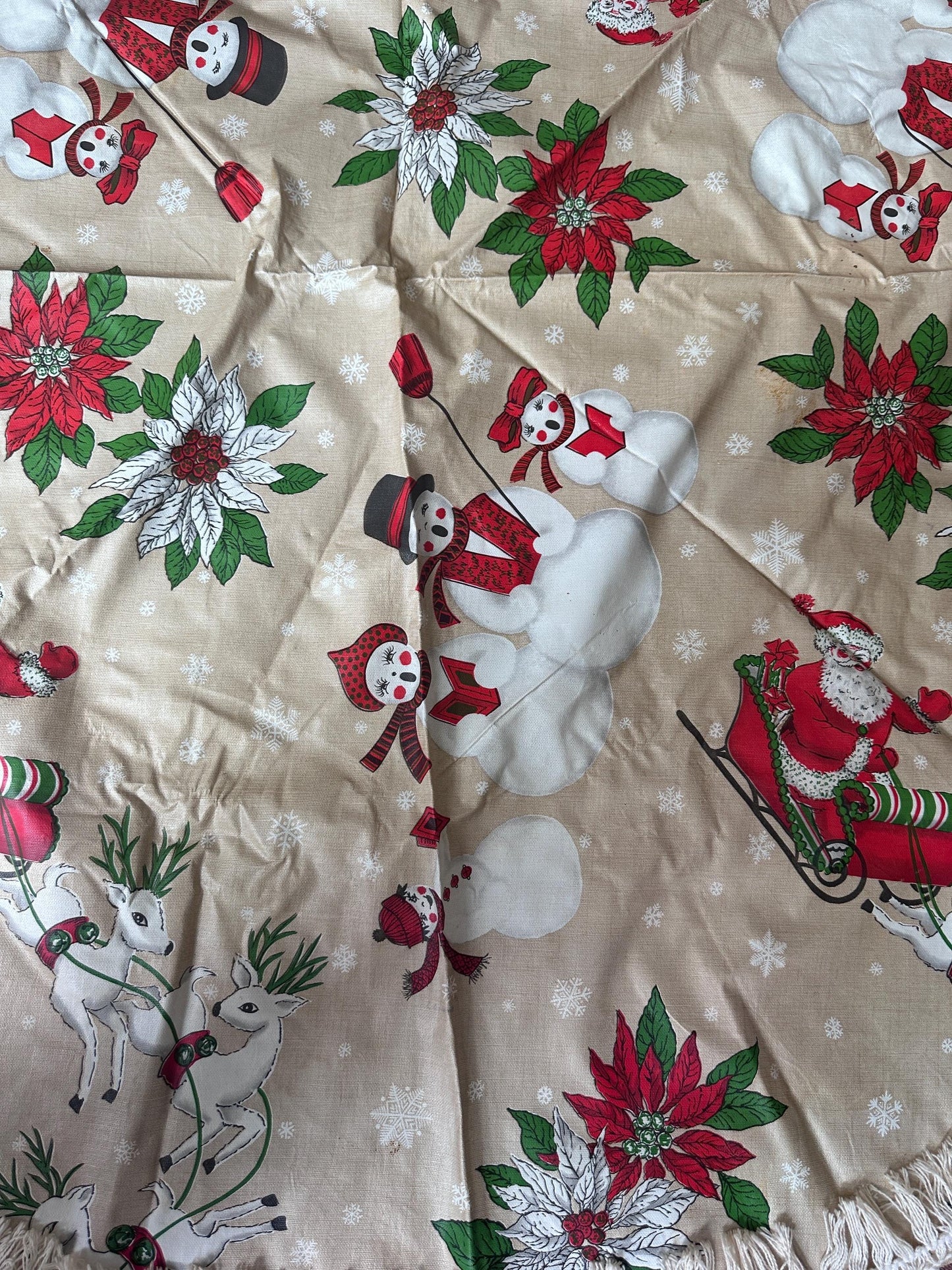 Vintage Kitschy Christmas Round Vinyl Tablecloth | Santa, Snowy Winter & Poinsettia Holiday Print | 60” with White Trim | Retro Holiday Deco