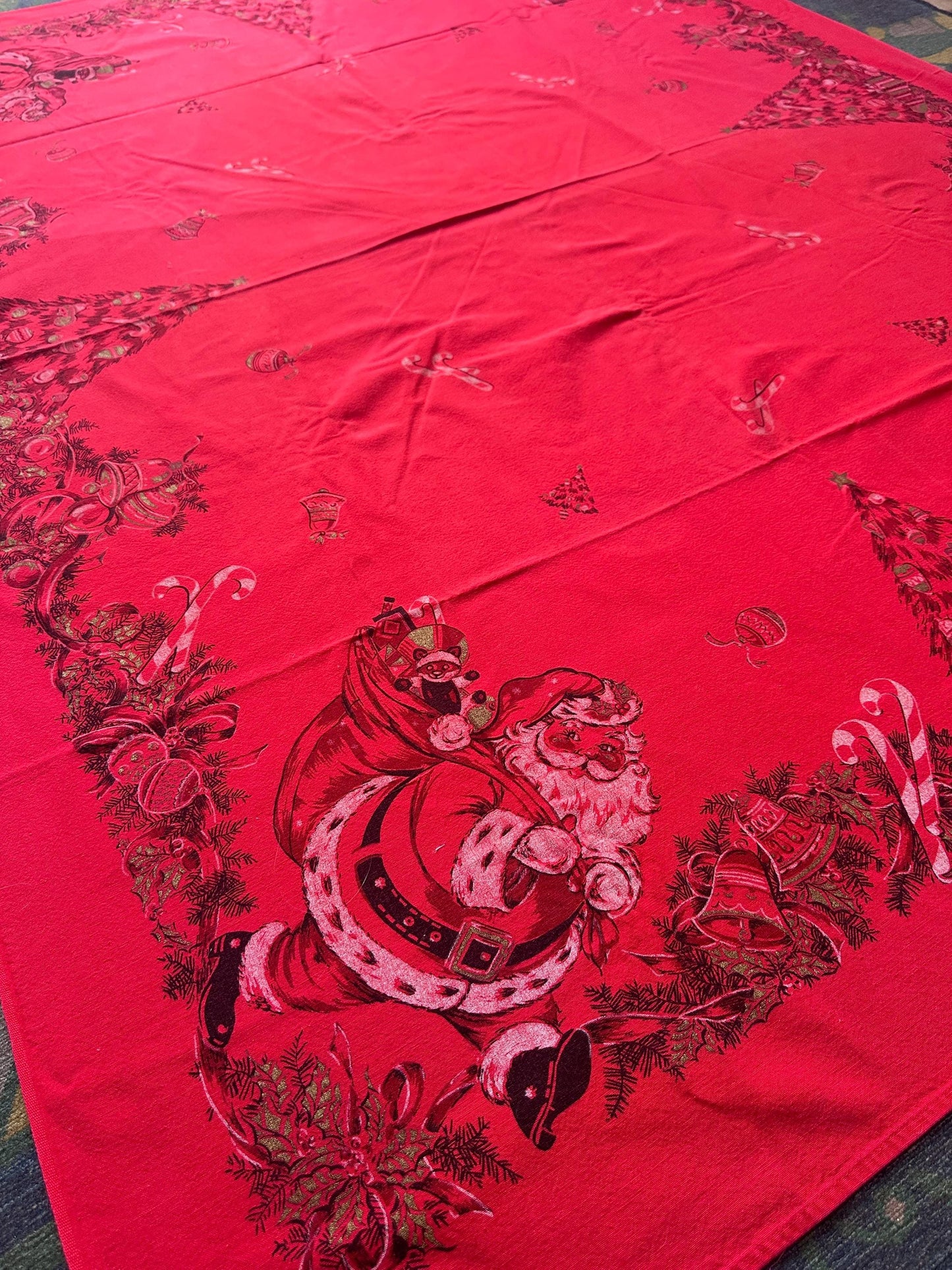 Vintage MCM Kitschy Christmas Tablecloth | Bright Red Santa, Christmas Tree & Gifts Print | 48” x 60” | Retro Holiday Table Linen